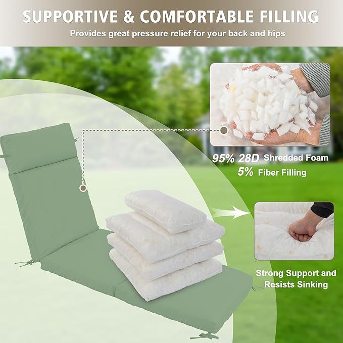 Chaise Lounge Cushion 80x26x3 Inch ?Set of 2 Outdoor Lounge Chair Cushions, Lounger Pad Replacement with Fade-Resistant, Removable & Machine-Washable Covers, Ideal for Patio Chaise Chairs, Sage Green