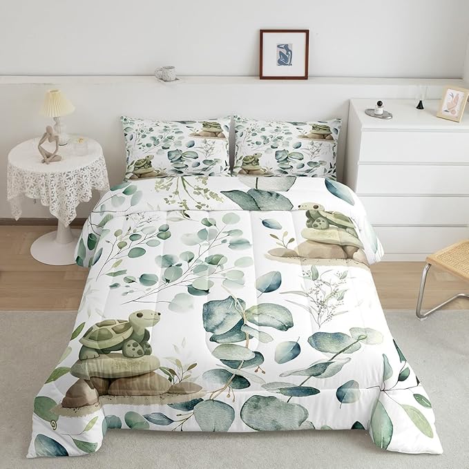 Erosebridal Kawaii Turtle Queen Size Comforter Set for Boys Girls Cartoon Animal Bedding Set, Eucalyptus Leaves Down Comforter Marine Wildlife Bed Set, Tropical Botanical Plants Quilted Duvet