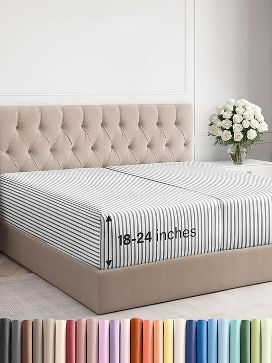 Extra Deep Split King Fitted Sheet - Hotel Luxury Single Fitted Sheet Only - Easily Fits 18 inch to 24 inch Mattress - Ultra Soft, Wrinkle Free w/Extra Deep Pocket - Breathable & Comfy - Grey Stripes