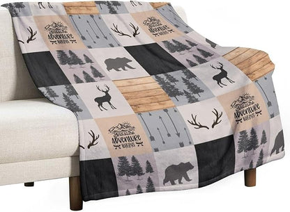 Rustic Cabin Throw Blanket, Retro Camping Bear Deer Farmhouse Wildlife Tree Forest Brown Gray Print Warm Flannel Blanket for Bedroom Camping Travel, 30"x40"