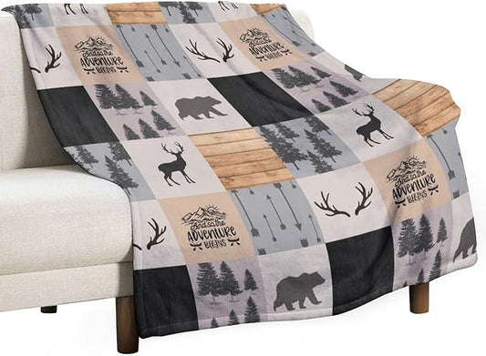 Rustic Cabin Throw Blanket, Retro Camping Bear Deer Farmhouse Wildlife Tree Forest Brown Gray Print Warm Flannel Blanket for Bedroom Camping Travel, 30"x40"