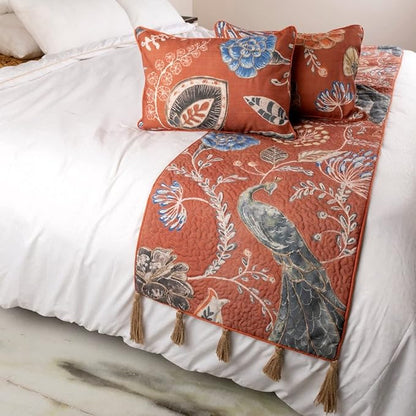 The HomeCentric Orange Bed Runner, Twin Size 53"x18" Decorative Bed Runner with Matching Pillow Cover, Rust or Orange Linen Bed Scarf in Quilted Peacock, Linen & Jute Embroidery - Peacock Soiree