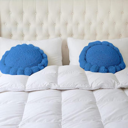 Boho Round Throw Pillow with Cute Handmade Pom Poms Tassels 18 Inch, Decorative Circular Knitted Crochet Cushion for Couch, Sofa, Chair, Bed, Blue