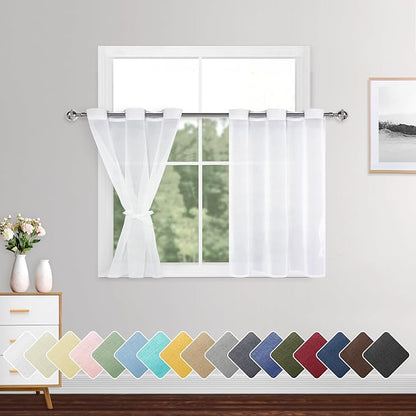 XWZO Sheer Curtains for Bedroom, Light Filtering, Gauzy & Breathable Solid Voile Grommet Window Curtains for Kitchen Room, Farmhouse, Nursery with Tiebacks, White, W42 x L30, Set of 2 Panels