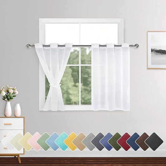 XWZO Sheer Curtains for Bedroom, Light Filtering, Gauzy & Breathable Solid Voile Grommet Window Curtains for Kitchen Room, Farmhouse, Nursery with Tiebacks, White, W42 x L30, Set of 2 Panels