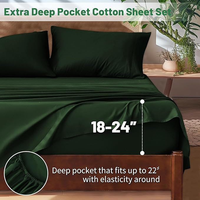 Extra Deep Pocket California King Sheets 18-24 Inch 100% Egyptian Cotton 1000 Thread Count Sateen Weave Soft Breathable 4 Pieces（California King,Forest Green）