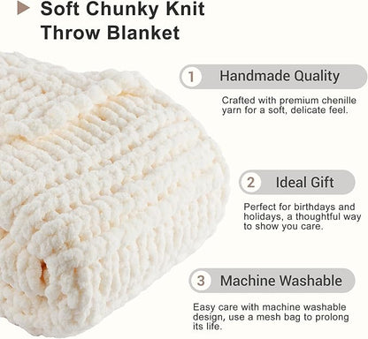 Battilo Cream Chunky Knit Throw Blanket for Couch, Super Soft Chenille Throw Blanket Cozy Warm Thick Ivory White Cable Knitted Blanket for Sofa, Bed, Living Room, 50"x60"