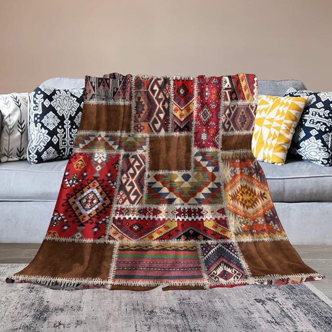 Southwest Aztec Throw Blanket, Native Bohemian Retro Patchwork Traditional Geometric Soft Flannel Blanket Warm Blankets for All Seasons, Bed Couch Sofa 30"x40"