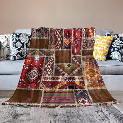 Southwest Aztec Throw Blanket, Native Bohemian Retro Patchwork Traditional Geometric Soft Flannel Blanket Warm Blankets for All Seasons, Bed Couch Sofa 30"x40"