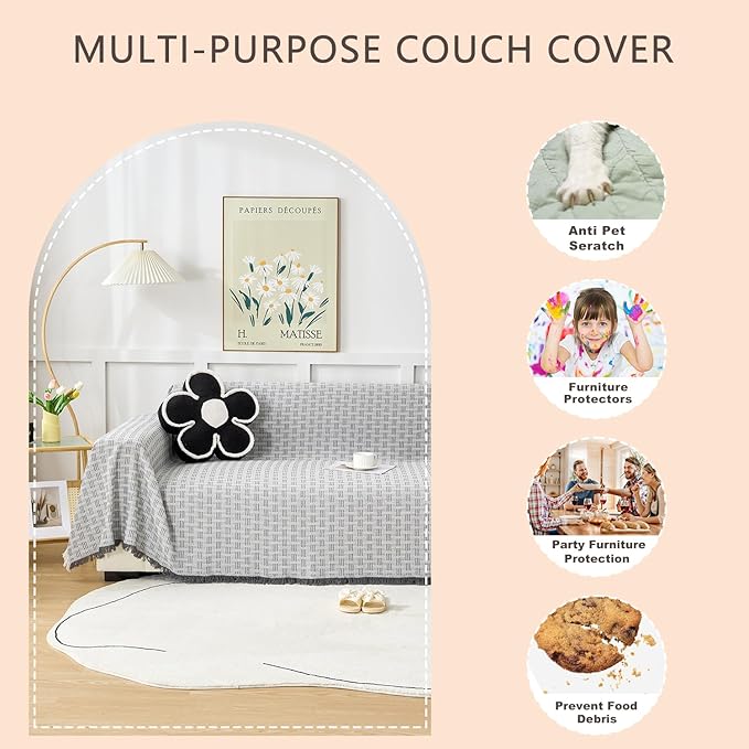 Grey Couch Cover Blanket Cute Geometrical Jacquard Washable Sofa Cover for Extra Large Furniture for 3 Cushion Sofa L Shaped Sectional Couch Blanket 71"x 134"