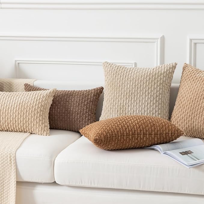 Kevin Textile 14x22 Inch Pillow Cover 1 Pack Boho Decorative Soft Striped Corduroy Lumbar Farmhouse Solid Color Accent Rectangle Cushion Case for Living Room Couch Sofa Bed, Beige