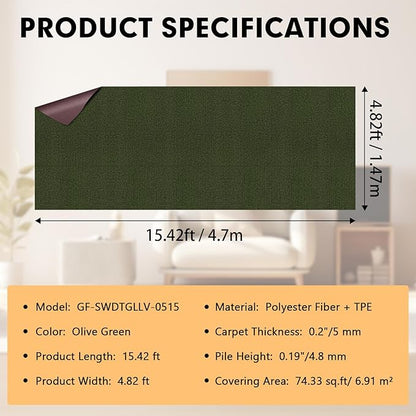 Marine Carpet,5 FT x 15 FT Olive Green Indoor Outdoor Carpet 0.2" Thick with Water-Proof TPE Backing, Non-Slide for Home, Patio, Porch, Deck
