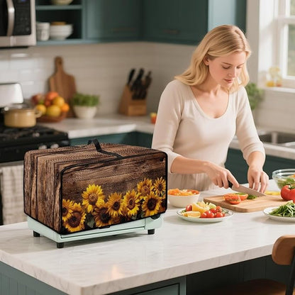 Microwave Oven Cover Vintage Sunflower Wood Grain Print Waterproof Toaster Oven Dustproof Cover Large Size Kitchen Appliance Protector with Storage Bag Machine Washable, M