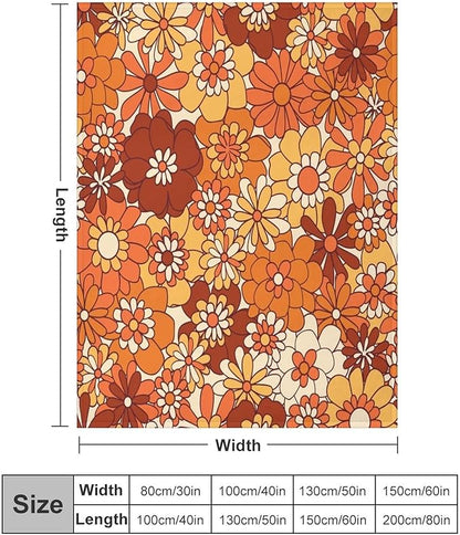 Vintage 70s Throw Blanket, Boho Hippie Bright Orange Flowers Groovy Abstract Funny Art Print Blanket for Couch Sofa Bed 60"x80"