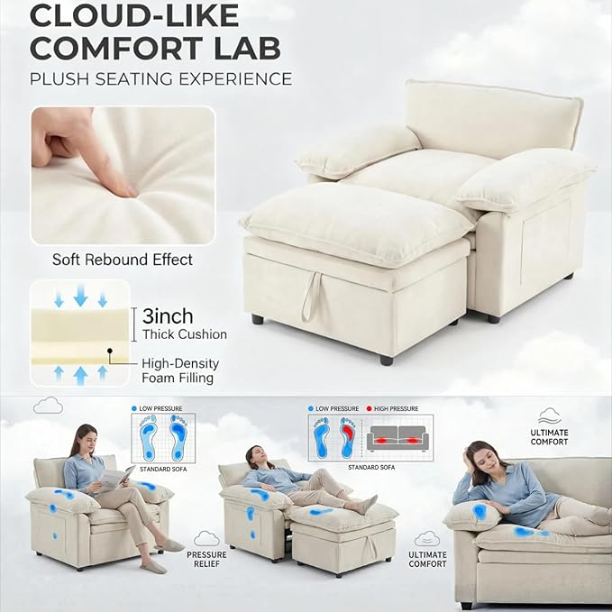Furnimart Super Plush Cloud Chair with Storage Ottoman, Oversized Chaise Lounge Chair, Thick Chenille Cushions, Pillow Armrest & Storage, for Living Room, Bedroom, Modern Comfort(Beige)