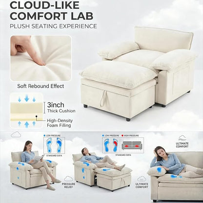 Furnimart Super Plush Cloud Chair with Storage Ottoman, Oversized Chaise Lounge Chair, Thick Chenille Cushions, Pillow Armrest & Storage, for Living Room, Bedroom, Modern Comfort(Beige)