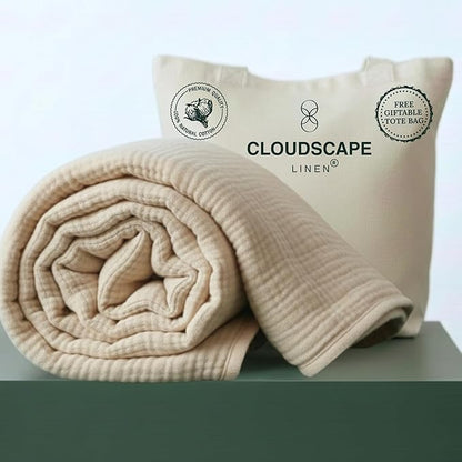 Cloud Scape Linen 4 Layer Oversized Muslin Blanket King Size - 100% Cotton, Lightweight & Breathable All Season Blanket for Bed, fits California King, 92x108, Beige Fog