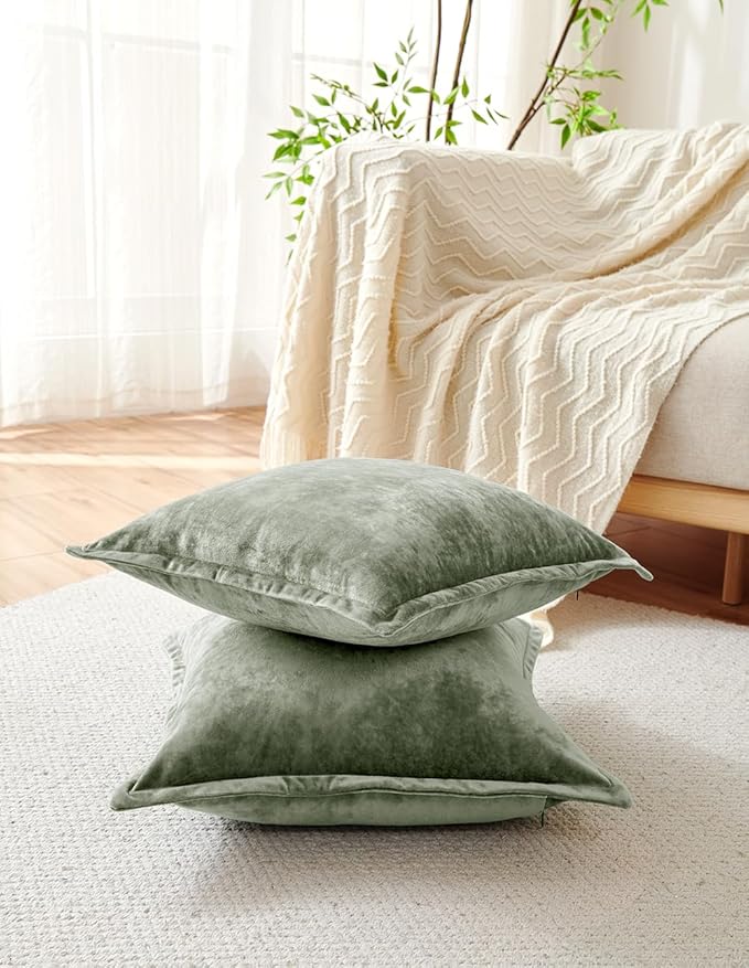 Luxurious Velvet Throw Pillow Covers 20x20 Set of 2 Decorative Pillow Covers Solid Square Cushion Case for Sofa Couch Bedroom Farmhouse, Army Green