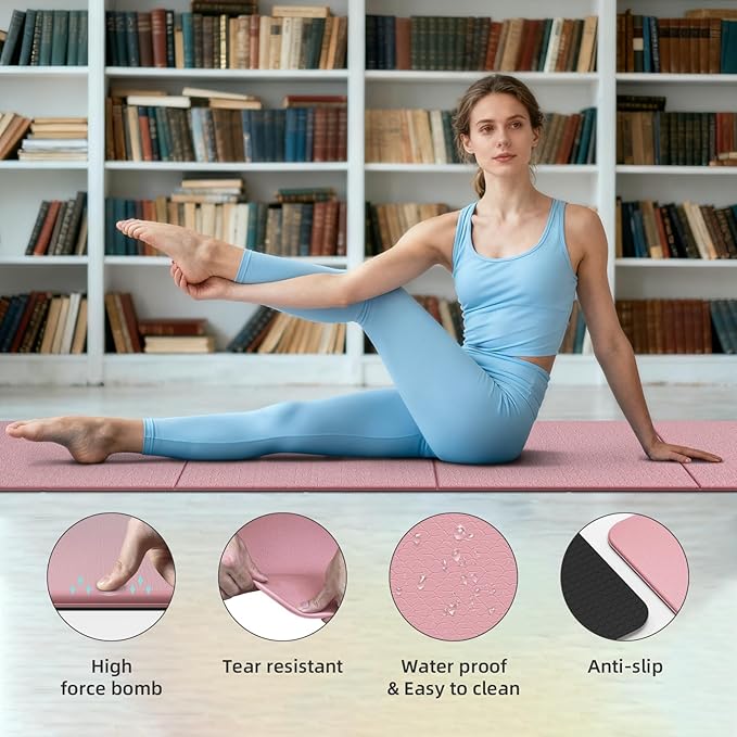 Foldable Yoga Mat Thick 10mm-WUWAN Extra Large Exercise mat, TPE Material, Non-Slip Fitness Folding Mats Easy to Carry For Home Workout Travel Pilates