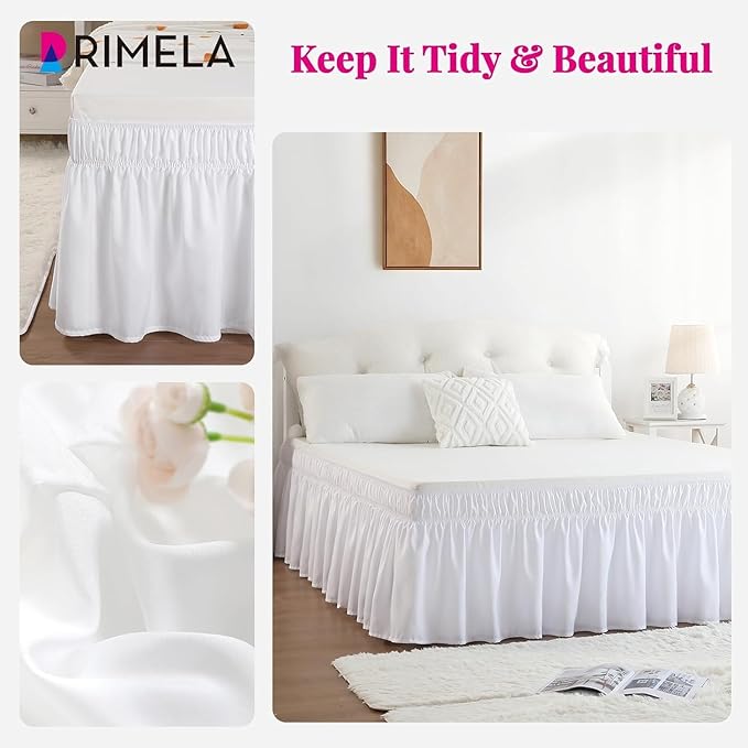 RIMELA Full Size White Bed Skirt 15 Inch Drop, Wrap Around Elastic Bed Skirts Full Size Dust Ruffle, Bedskirt for Adjustable Bed Base Solid Wrinkle and Fade Resistant Silky Fabric Machine Washable