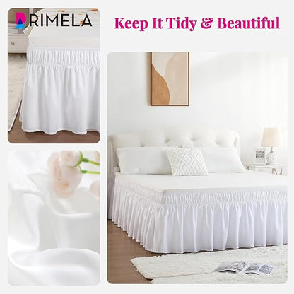 RIMELA Full Size White Bed Skirt 15 Inch Drop, Wrap Around Elastic Bed Skirts Full Size Dust Ruffle, Bedskirt for Adjustable Bed Base Solid Wrinkle and Fade Resistant Silky Fabric Machine Washable