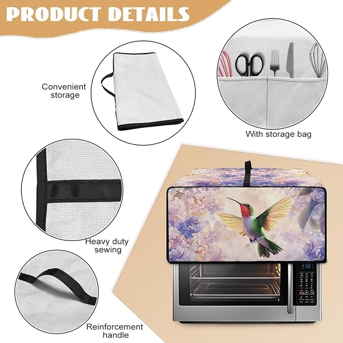 Hummingbird Hydrangea Floral Print Dust Cover for Microwave Oven Waterproof Heavy Duty Microwave Oven Cloth Cover with Storage Pockets Kitchen Appliance Protector, L
