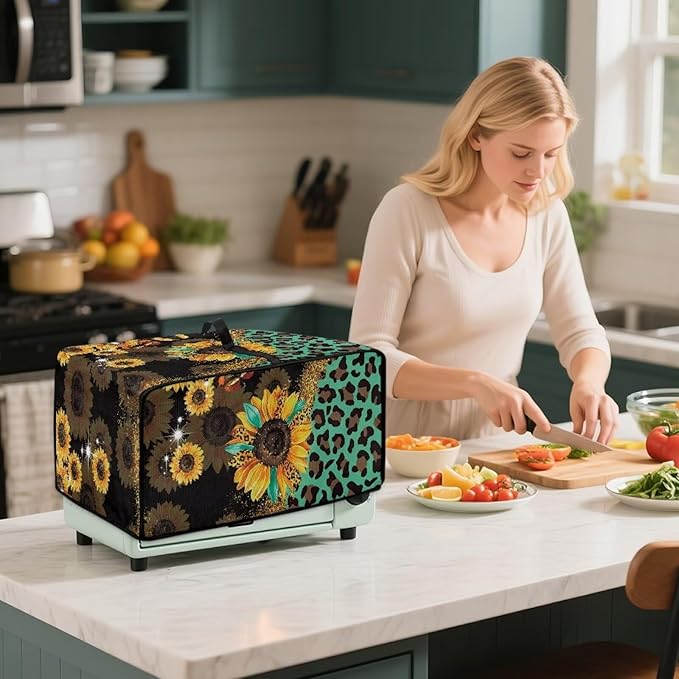 Toaster Oven Protective Cover with Side Pockets, Dustproof Smart Microwave Oven Protector for Kitchen Countertop, S, 14.5 x 18.5 x 9 Inches, Sunflower Leopard Print
