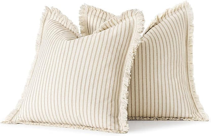 MIULEE Pack of 2 Khaki Pillow Covers 24x24 Inch Striped Farmhouse Couch Throw Pillow Covers with Fringe Chic Linen Decorative Cushion Eruo Sham for Sofa Living Room Bed Outdoor Home Decor
