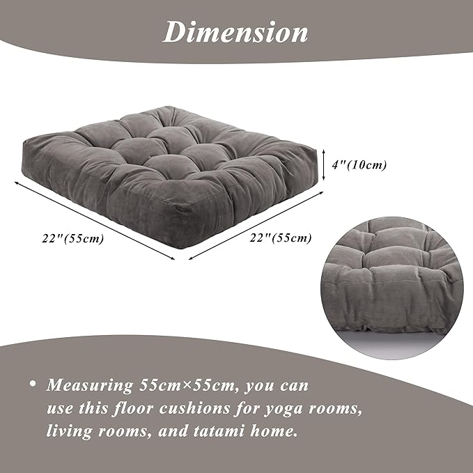 Meditation Floor Pillow 22×22 Inch 1 Pack Large Floor Cushions for Adults Square Tufted Corduroy Floor Pillows for Yoga Living Tatami Room Grey