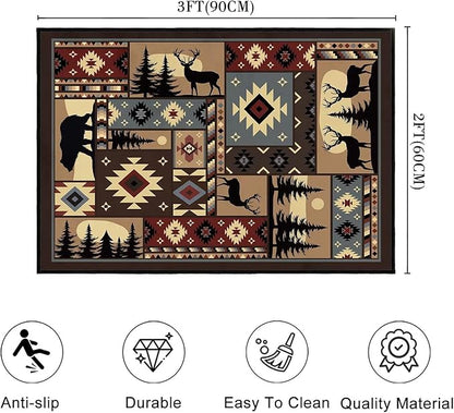 Rustic Rug 2x3 Washable Area Rugs,Buffalo Plaid Bear Moose Deer Country,Cabin Wildlife Entrance Rug Small Throw Carpet Vintage Floor Carpets Non Slip Indoor Door Mat for Entryway,Front Door,Kitchen