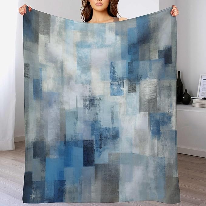 Fashion Gradient Blanket, Modern Art Abstract Blue Grey Check Painting Strokes Pattern Soft Warm Cozy Plush Flannel Covers for Livingroom Bedroom Couch Chair Camping Travel Home Decor Tapestry 60x80in