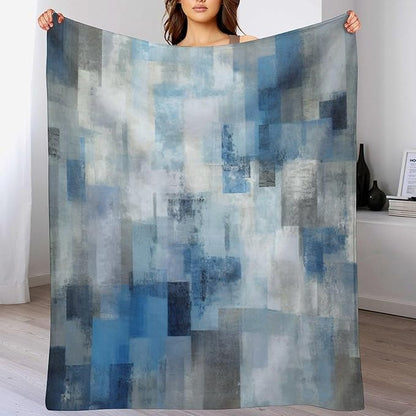 Fashion Gradient Blanket, Modern Art Abstract Blue Grey Check Painting Strokes Pattern Soft Warm Cozy Plush Flannel Covers for Livingroom Bedroom Couch Chair Camping Travel Home Decor Tapestry 40x50in