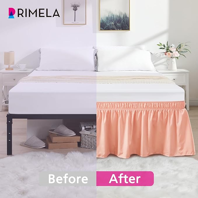 RIMELA Peachy Coral Bed Skirt Queen Size 15 Inch Drop, Elastic Bed Skirting for Bed Base and Frame, Bedding Dust Ruffle Easy to Install, Wrap Around Adjustable Bedskirt