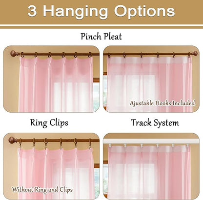 MAIHER Pink Pleated Sheer Curtains 96 Inches Long for Girls Bedroom Light Filtering Soft Touch Textured Pinch Pleat Drapes with Ajustable Hooks, Pink, 42" W x 96" L, 2 Panels