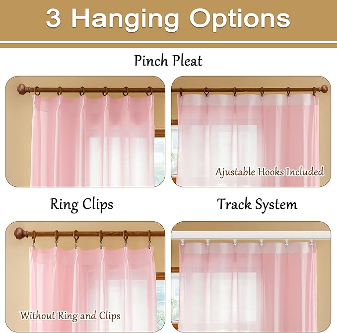 MAIHER Pink Pinch Pleat Sheer Curtains 63 Inches Long Short Curtain Panels Soft Touch Light Filtering Pleated Drapes with Adjustable Hooks for Bedroom Nursery, Pink, 42" W x 63" L, 2 Panels