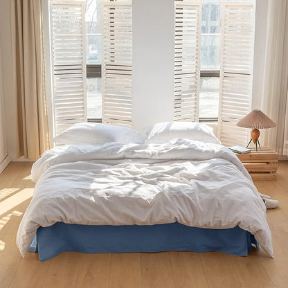 BISELINA French Linen Bed Skirt with Pleated Corner 14-Inch Tailored Drop Natural Flax Cotton Blend Basic Dust Ruffle Soft Cozy Farmhouse Bedding (14" Queen, Basic Navy Blue)