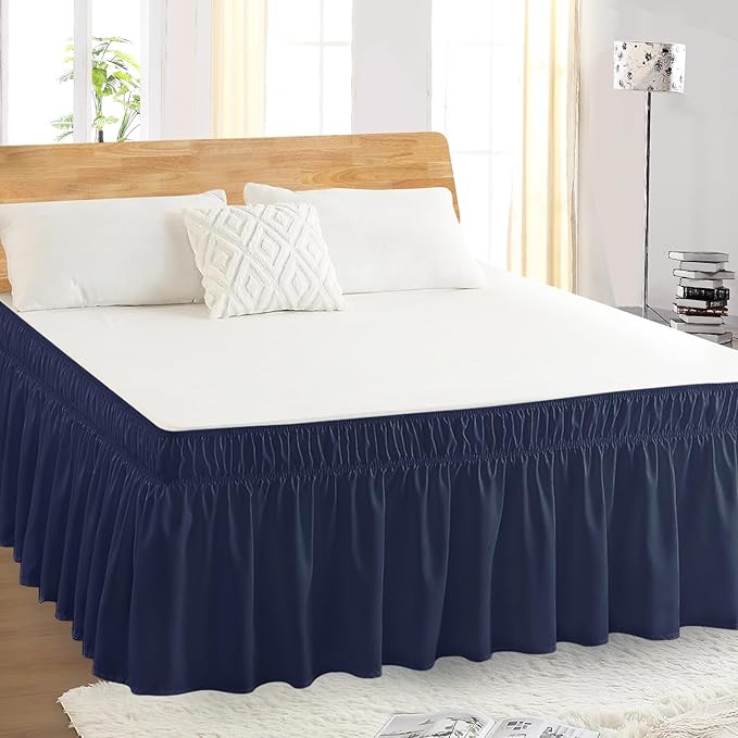 Twin Bed Skirt, Elastic Wrap Around Bed Skirt Twin Size, Bed Skirts for Adjustable Bed, Easy Fit with 18" Drop Length Tailored Drop Dust Ruffle (Navy)