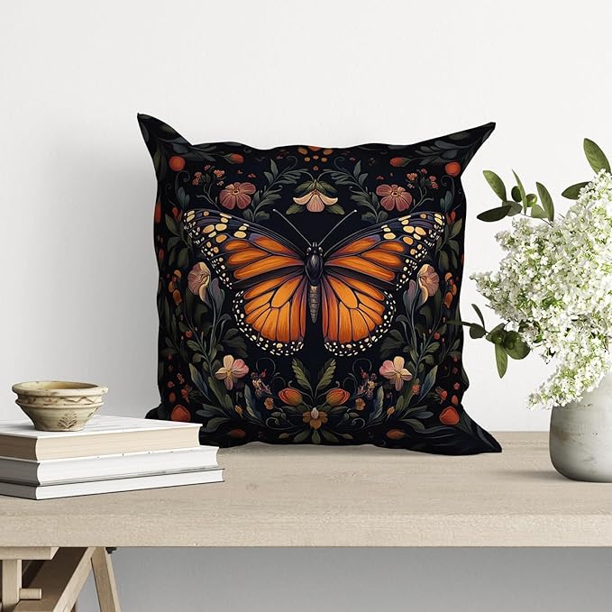 William Morris Abstract Vintage Floral Velvet Butterfly Design Throw Pillow Covers Home Decor, Retro Art Deco Pillowcase Cushion Cover for Bed Sofa Living Room, Square 18x18inch (Black-Butterfly)