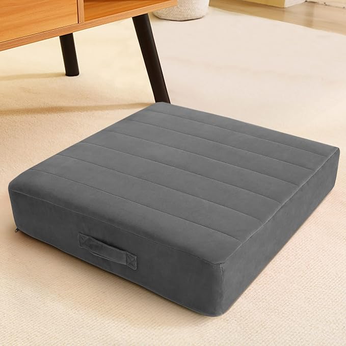 MeMoreCool Floor Pillow 22"x22" – Tufted Meditation Cushion with Foam Core, Grey Washable Cover & Handle | 5" Thick Firm Foam | for Adults, Kids, Yoga, Tatami, Pet Seating