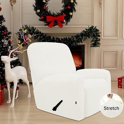 Easy-Going 4 Pieces Oversized Recliner Stretch Sofa Slipcover Sofa Cover Furniture Protector Couch Soft with Elastic Bottom, Polyester Spandex Jacquard Fabric Small Checks Cream,X-Large