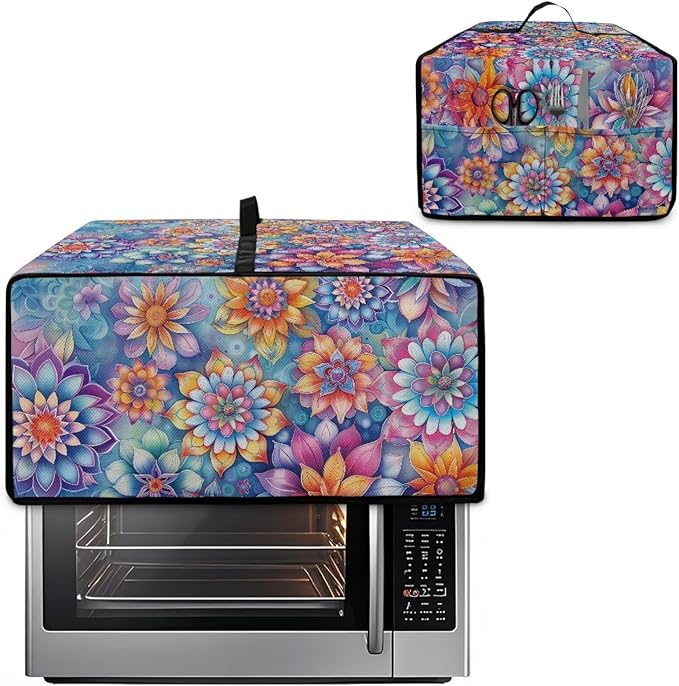 Boho Mandala Floral Print Microwave Oven Dust Cover with Storage Bags Universal Toaster Oven Cover Waterproof Polyester-Linen Fabric Kitchen Appliance Protector, S