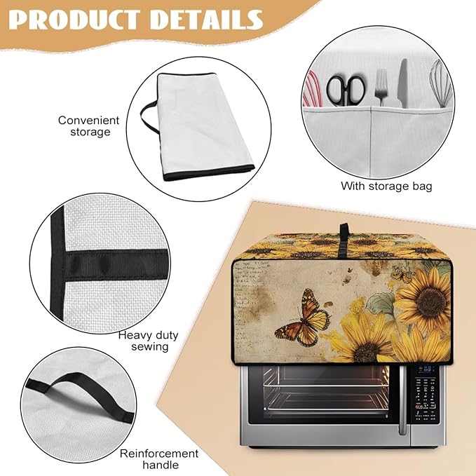Microwave Oven Dust Cover Dust-Proof Sturdy Microwave Oven Cloth Cover Waterproof Kitchen Appliance Protector Suitable for Most Microwave Ovens, Vintage Sunflower Butterfly Letter Print, S