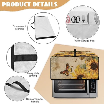 Convection Toaster Oven Cover with Pockets, Easy to Clean, Smart Microwave Baking Oven Dust Cover for Countertop, L, 18.5 x 22.5 x 13 inches, Retro Sunflower Butterfly