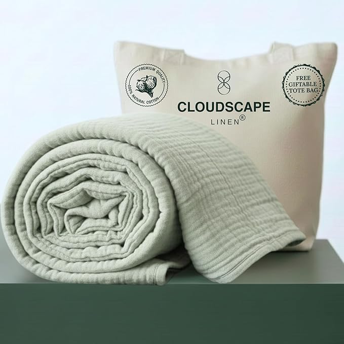 Cloud Scape Linen Oversized 4 Layer Muslin Blanket Queen Size - 100% Cotton, Lightweight & Breathable All Season Gauze, Pre-Washed, fits Full Bed, 92x92, Seafoam Grey