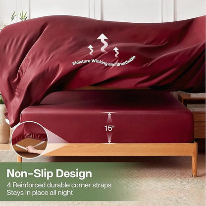 MR&HM King Fitted Sheet Only, Ultra-Soft Rayon Derived from Bamboo & Polyester Blend, Silky & Breathable, 15" Deep Pocket with Elastic Straps, Cooling Fitted Sheet for Hot Sleepers, Burgundy