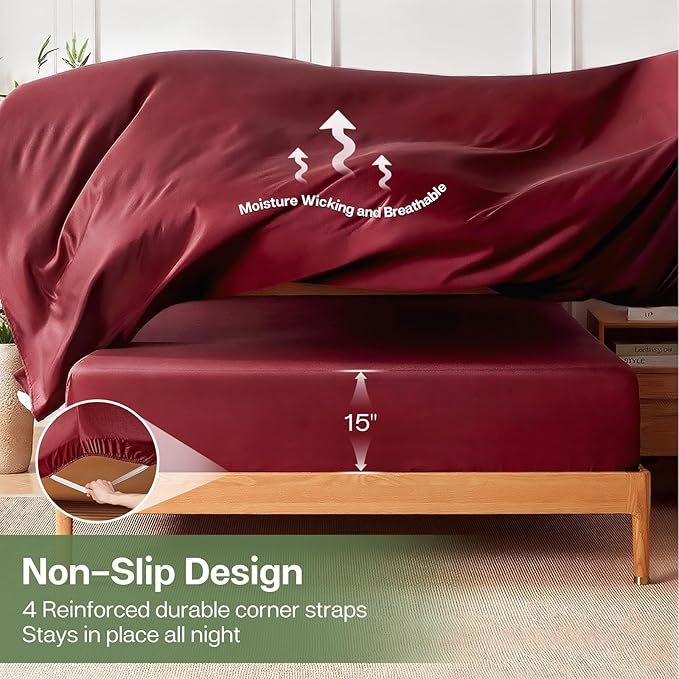 MR&HM Twin Fitted Sheet Only, Ultra-Soft Rayon Derived from Bamboo & Polyester Blend, Silky & Breathable, 15" Deep Pocket with Elastic Straps, Cooling Fitted Sheet for Hot Sleepers, Burgundy