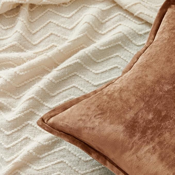 Luxurious Velvet Euro Shams Decorative Throw Pillow Covers 26x26 Set of 2 Solid Square Euro Pillow Shams for Sofa Couch Bedroom, Caramel