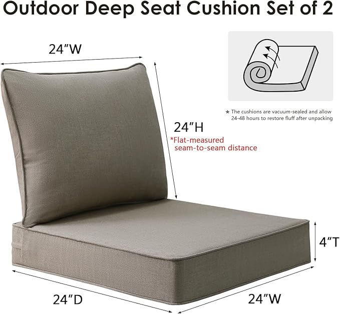 Sunbrella Outdoor Chair Cushions Set, 24" x 24", Set of 2, Water-Repellent, Fade Resistant, Deep Seat Bottom and Back Cushion for Backyard, Couch, Sofa and Patio Furniture, Cast Shale