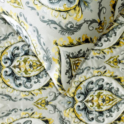 The HomeCentric King/Queen/Twin Grey & Yellow Designer CA King 86"x18" Bed Runner with 2 Pillow Cover, Quilted, Damask & Tassels Bed Scarf on Jacquard Fabric - Flamey Damask