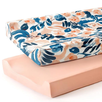 GRSSDER Stretch Ultra Soft Jersey Knit Changing Pad Cover Set 2 Pack, Change Table Pad Covers Fit 32"/34" x 16" Pads Safe and Snug, Beautiful Blush Floral Print for Girls